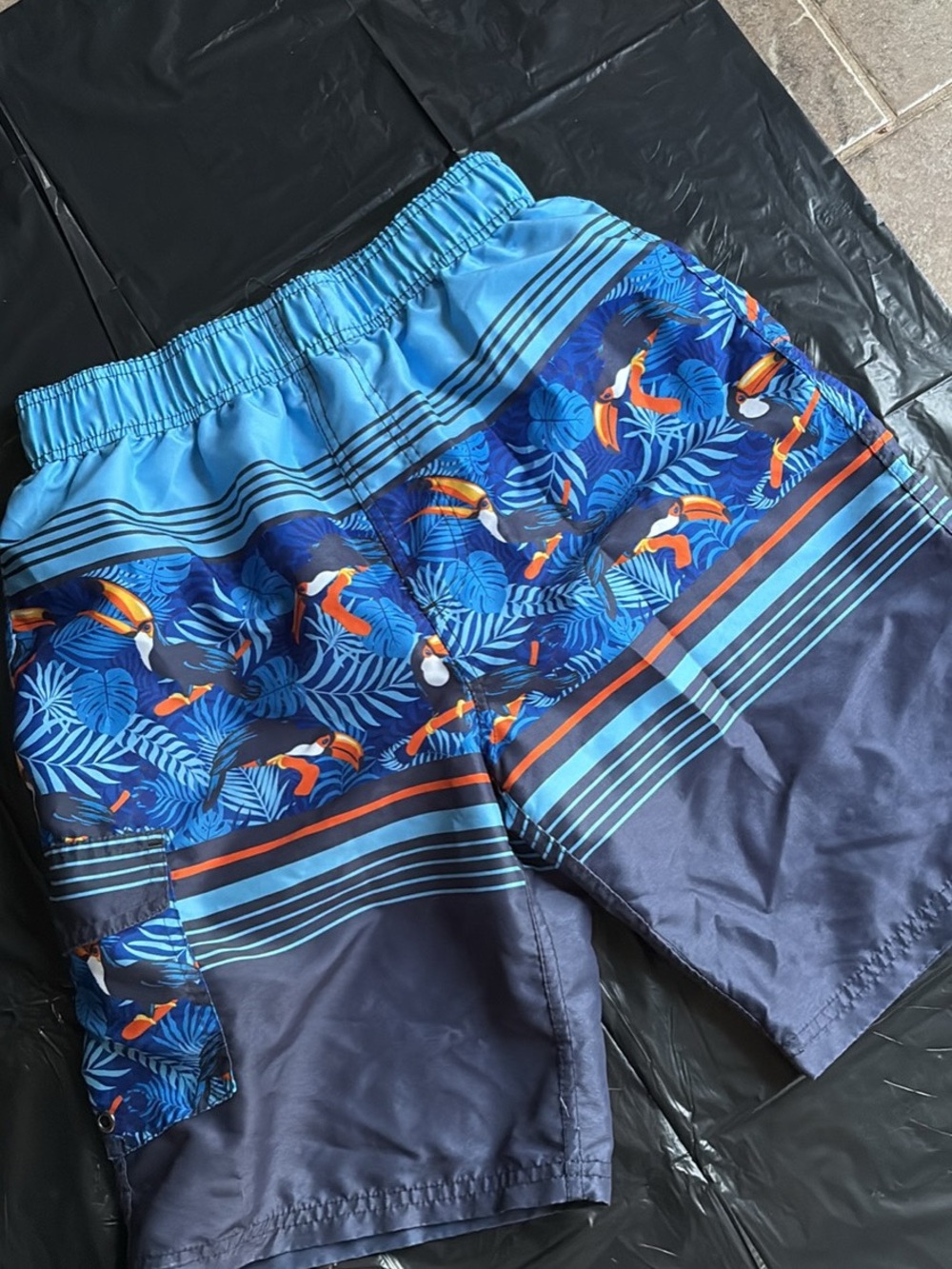 Boys L Blue Tropical Toucan Swim Trunks